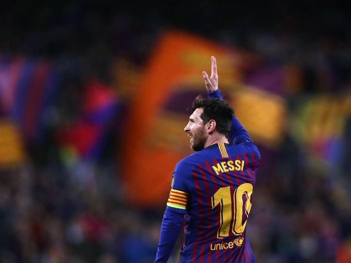 FILE - In this April 16, 2019 file photo Barcelona forward Lionel Messi celebrates after scoring his side's second goal during the Champions League quarterfinal, second leg, soccer match between FC Barcelona and Manchester United at the Camp Nou stadium in Barcelona, Spain. (AP Photo/Manu Fernandez, File)