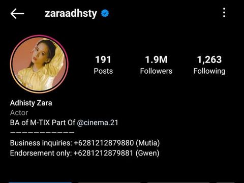 Akun Instagram milik Zara Adhisty sudah kembali