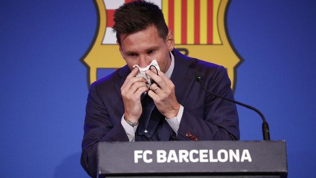 Soccer Football - Lionel Messi holds an FC Barcelona press conference - 1899 Auditorium, Camp Nou, Barcelona, Spain - August 8, 2021 Lionel Messi during the press conference REUTERS/Albert Gea