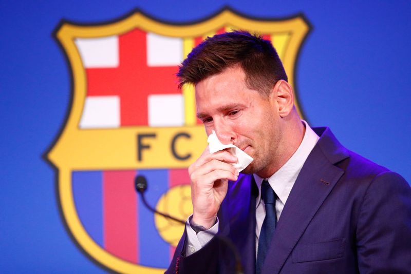 BARCELONA, SPAIN - AUGUST 08: Lionel Messi of FC Barcelona faces the media during a press conference at Nou Camp on August 08, 2021 in Barcelona, Spain. (Photo by Eric Alonso/Getty Images)