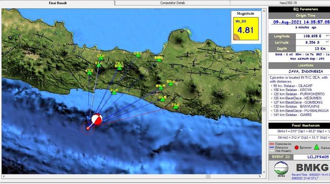 Gempa bumi dengan magnitudo (M) 4,8 terjadi di perairan selatan Kabupaten Cilacap, Jawa Tengah, Senin (9/8/2021) malam.