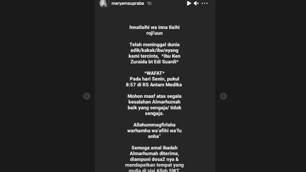 Istri WS Rendra Meninggal Instagram Story anak WS Rendra soal Istri WS Rendra Meninggal, Senin (9/8/2021).