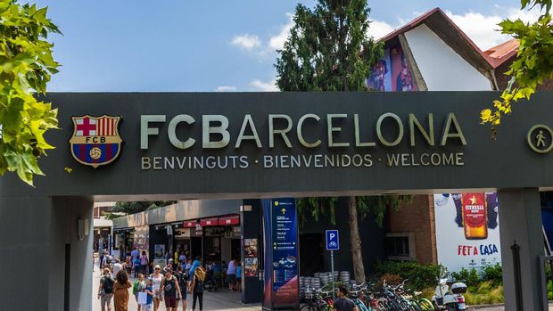 Barcelona, Spain - July 31, 2019: Sign near the Camp Nou football soccer stadium