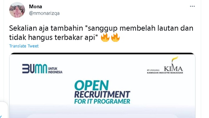 Viral Twitter Viral Kualifikasi IT Programer untuk BUMN yang sangat panjang. Ahli IT ikut berkomentar dengan sindiran dan langsung disambut tawa netizen. Kualifikasi untuk mendapatkan posisi sebagai IT Programer di perusahaan ini awalnya nampak biasa, namun makin ke bawah, semakin banyak kemampuan yang harus dikuasai kandidat. Kualifikasinya sebagai berikut: