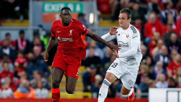 Liverpool vs Osasuna Soccer Football - Pre Season Friendly - Liverpool v Osasuna - Anfield, Liverpool, Britain - August 9, 2021 Liverpool's Ibrahima Konate in action with Osasuna's Kike Action Images via Reuters/Craig Brough
