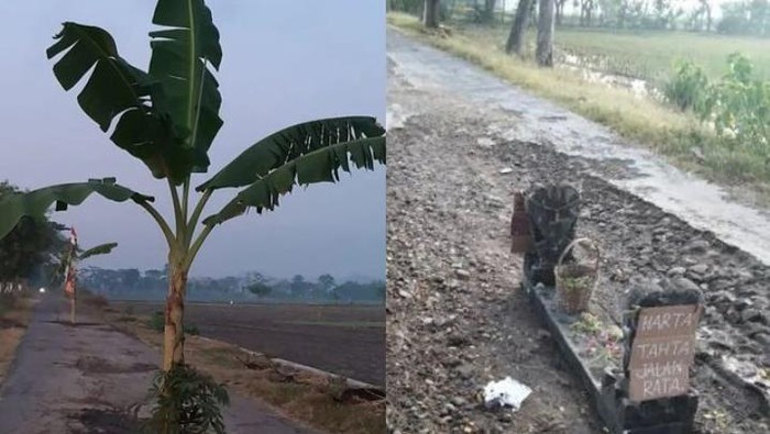 Tangkapan layar kuburan di tengah jalan berbatu di Klaten