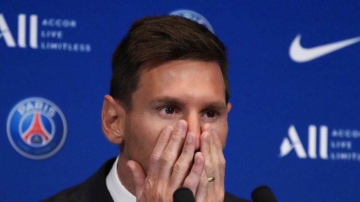 Lionel Messi attends a press conference Wednesday, Aug. 11, 2021 at the Parc des Princes stadium in Paris. Lionel Messi said hes been enjoying his time in Paris since the first minute after he signed his Paris Saint-Germain contract on Tuesday night. The 34-year-old Argentina star signed a two-year deal with the option for a third season after leaving Barcelona. (AP Photo/Francois Mori)