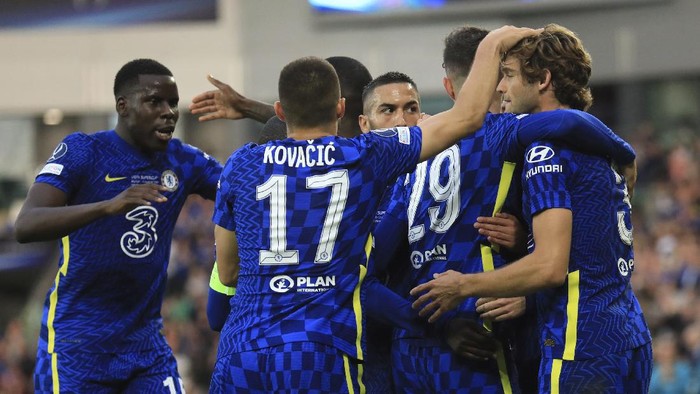 Chelseas Hakim Ziyech celebrates after scoring his sides first goal during the UEFA Super Cup soccer match between Chelsea and Villarreal at Windsor Park in Belfast, Northern Ireland, Wednesday, Aug. 11, 2021. (AP Photo/Peter Morrison)
