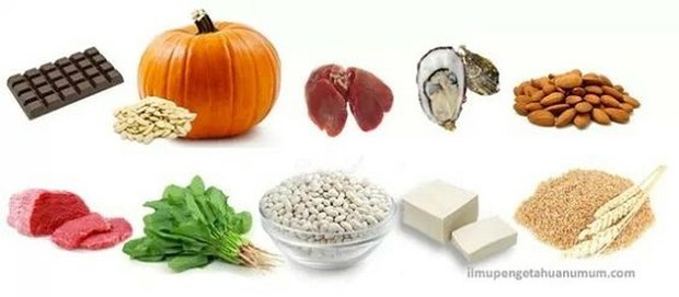 Makanan mengandung zat besi seperti : daging merah tanpa lemak, sayuran hijau, tahu, dan kacang-kacangan.