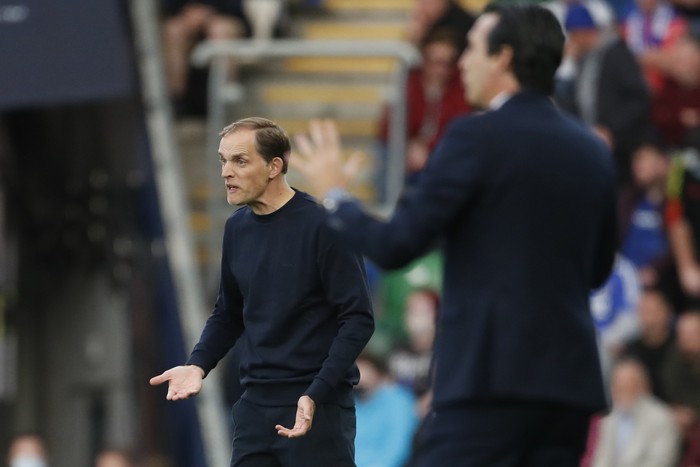 Chelseas head coach Thomas Tuchel gestures during the UEFA Super Cup soccer match between Chelsea and Villarreal at Windsor Park in Belfast, Northern Ireland, Wednesday, Aug. 11, 2021. (AP Photo/Peter Morrison)