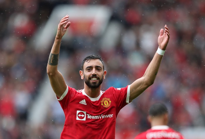 MANCHESTER, ENGLAND - AUGUST 07: Bruno Fernandes of Manchester United celebrates scoring during the pre-season friendly match between Manchester United and Everton at Old Trafford on August 07, 2021 in Manchester, England. (Photo by Jan Kruger/Getty Images)