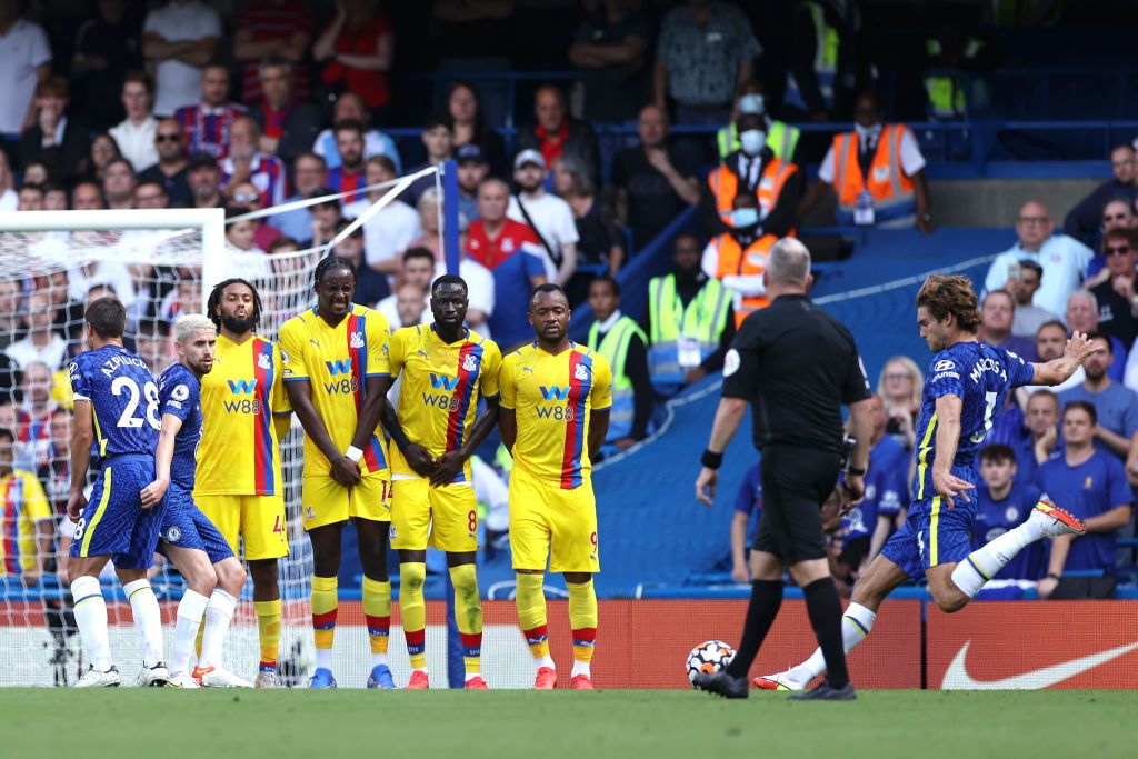 LONDON, ENGLAND - AUGUST 14: Marcos Alonso of Chelsea scores their side's first goal during the Premier League match between Chelsea and Crystal Palace at Stamford Bridge on August 14, 2021 in London, England. (Photo by Eddie Keogh/Getty Images)