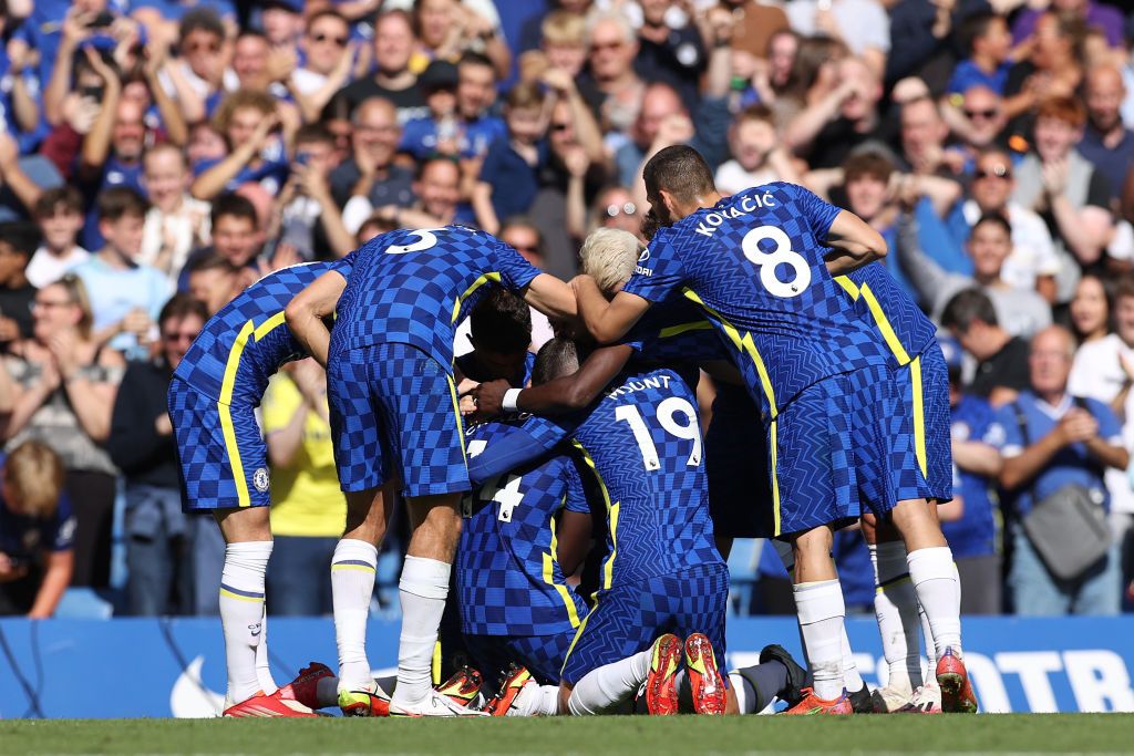 LONDON, ENGLAND - AUGUST 14: Trevoh Chalobah of Chelsea celebrates with teammate Cesar Azpilicueta after scoring their side's third goal during the Premier League match between Chelsea and Crystal Palace at Stamford Bridge on August 14, 2021 in London, England. (Photo by Eddie Keogh/Getty Images)