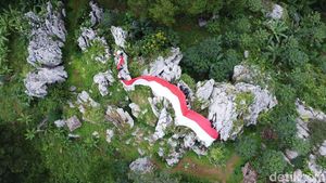 Bendera Merah Putih Raksasa Membentang di Puncak Bukit Karang Gumantung