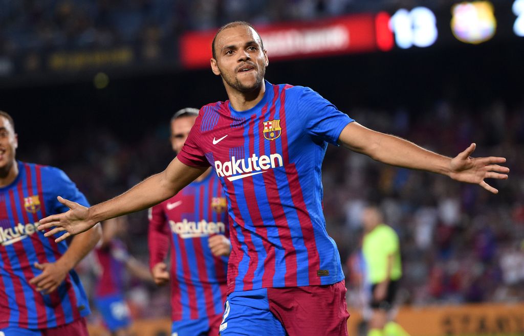 BARCELONA, SPAIN - AUGUST 15: Martin Braithwaite of FC Barcelona celebrates after scoring their team's third goal  during the LaLiga Santander match between FC Barcelona and Real Sociedad at Camp Nou on August 15, 2021 in Barcelona, Spain. FC Barcelona will host between 20,000 and 22,0000 fans in the stadium as the Regional government has authorised a capacity of 30 percent with the requirement to maintain a meter and a half distance between people or groups of people who have tickets. (Photo by Alex Caparros/Getty Images)