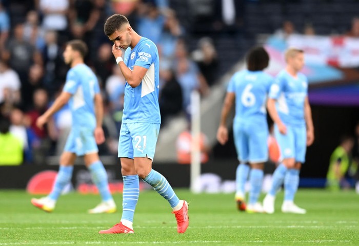 LONDON, ENGLAND - AUGUST 15: Ferran Torres of Manchester City looks dejected following defeat in the Premier League match between Tottenham Hotspur and Manchester City at Tottenham Hotspur Stadium on August 15, 2021 in London, England. (Photo by Michael Regan/Getty Images)