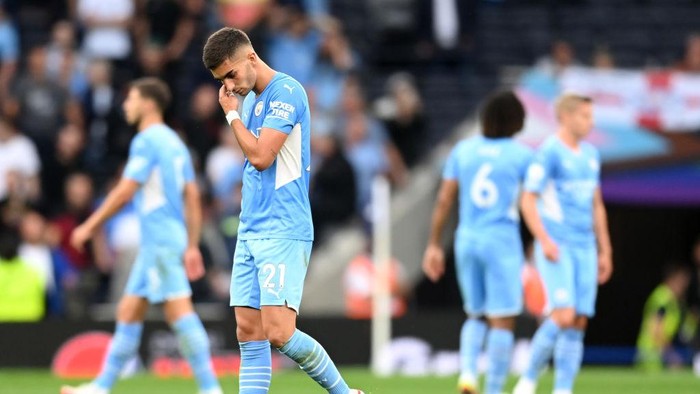 LONDON, ENGLAND - AUGUST 15: Ferran Torres of Manchester City looks dejected following defeat in the Premier League match between Tottenham Hotspur and Manchester City at Tottenham Hotspur Stadium on August 15, 2021 in London, England. (Photo by Michael Regan/Getty Images)