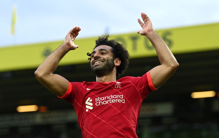 NORWICH, ENGLAND - AUGUST 14:  Mohamed Salah of Liverpool reacts during the Premier League match between Norwich City  and  Liverpool at Carrow Road on August 14, 2021 in Norwich, England. (Photo by Shaun Botterill/Getty Images)