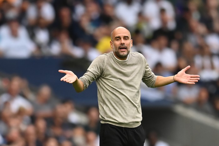 LONDON, ENGLAND - AUGUST 15: Manchester City manager Pep Guardiola gestures during the Premier League match between Tottenham Hotspur  and  Manchester City at Tottenham Hotspur Stadium on August 15, 2021 in London, England. (Photo by Michael Regan/Getty Images)