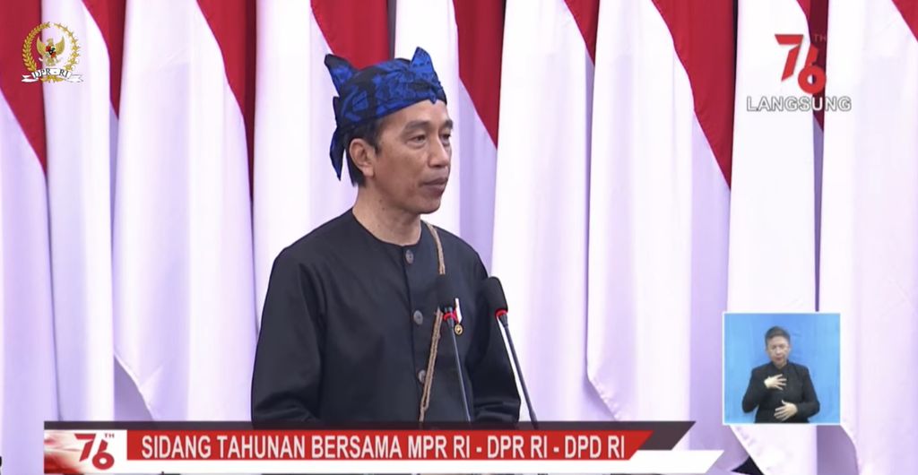 Pidato Kenegaraan Presiden RI Joko Widodo pada sidang tahunan MPR RI dan sidang bersama DPR RI-DPD RI. (Tangkapan layar youtube DPR RI) Pidato Kenegaraan Presiden RI Joko Widodo pada sidang tahunan MPR RI dan sidang bersama DPR RI-DPD RI. (Tangkapan layar youtube DPR RI)