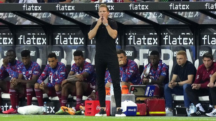 Bayerns head coach Julian Nagelsmann reacts during the German Bundesliga soccer match between Borussia Moenchengladbach and Bayern Munich in Moenchengladbach, Germany, Friday, Aug. 13, 2021. (AP Photo/Martin Meissner)