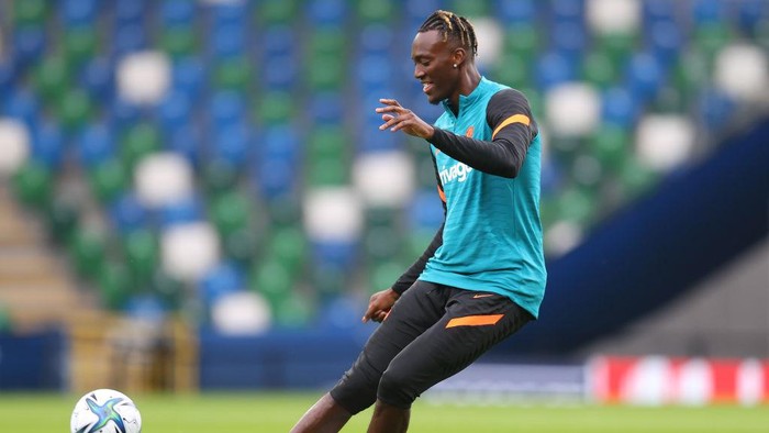 BELFAST, NORTHERN IRELAND - AUGUST 10: Tammy Abraham of Chelsea in action during a Chelsea FC Training Session ahead of the UEFA Super Cup 2021 match between Chelsea FC and Villarreal at Windsor Park on August 10, 2021 in Belfast, Northern Ireland. (Photo by Catherine Ivill/Getty Images)