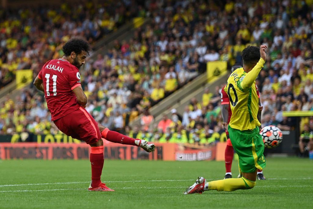 NORWICH, ENGLAND - AUGUST 14:  Mohamed Salah of Liverpool reacts during the Premier League match between Norwich City  and  Liverpool at Carrow Road on August 14, 2021 in Norwich, England. (Photo by Shaun Botterill/Getty Images)