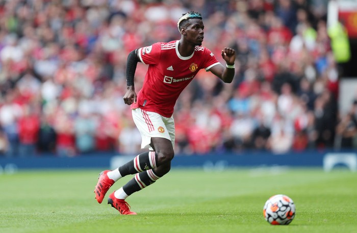 MANCHESTER, ENGLAND - AUGUST 14: Paul Pogba of Manchester United during the Premier League match between Manchester United  and  Leeds United at Old Trafford on August 14, 2021 in Manchester, England. (Photo by Alex Morton/Getty Images)