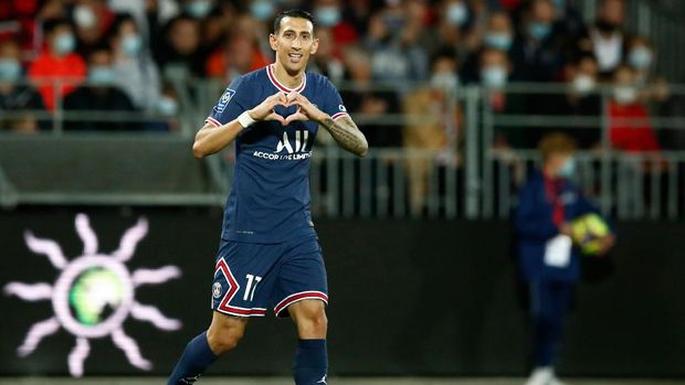 Soccer Football - Ligue 1 - Brest v Paris St Germain - Stade Francis-Le Ble, Brest, France - August 20, 2021. Paris St Germain's Angel Di Maria celebrates after scoring REUTERS/Stephane Mahe