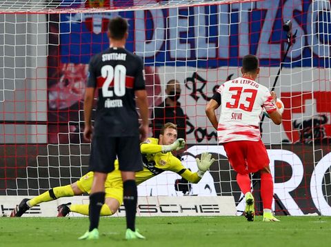 LEIPZIG, GERMANY - AUGUST 20: Andre Valente da Silva #33 of RB Leipzig scores the 4th goal by penalty kick during the Bundesliga match between RB Leipzig and VfB Stuttgart at Red Bull Arena on August 20, 2021 in Leipzig, Germany. (Photo by Martin Rose/Getty Images)