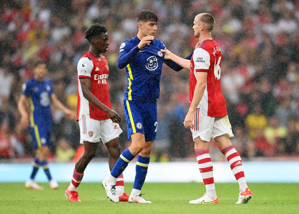 LONDON, ENGLAND - AUGUST 22: Kai Havertz of Chelsea clashes with Rob Holding of Arsenal during the Premier League match between Arsenal and Chelsea at Emirates Stadium on August 22, 2021 in London, England. (Photo by Michael Regan/Getty Images)