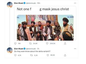 Elon Musk Singgung Taliban Tanpa Masker: Tidak Tahu Varian Delta? Elon Musk Singgung Taliban Tanpa Masker: Tidak Tahu Varian Delta?