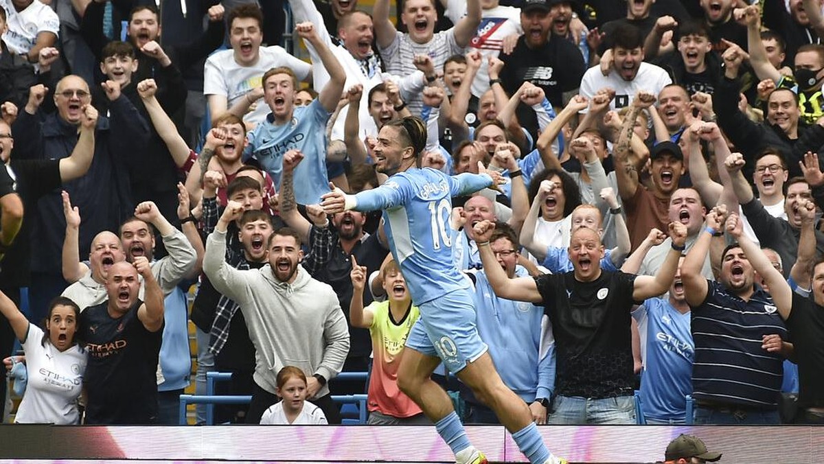 Jack Grealish mencetak gol perdananya untuk Manchester City (AP/Rui Vieira)