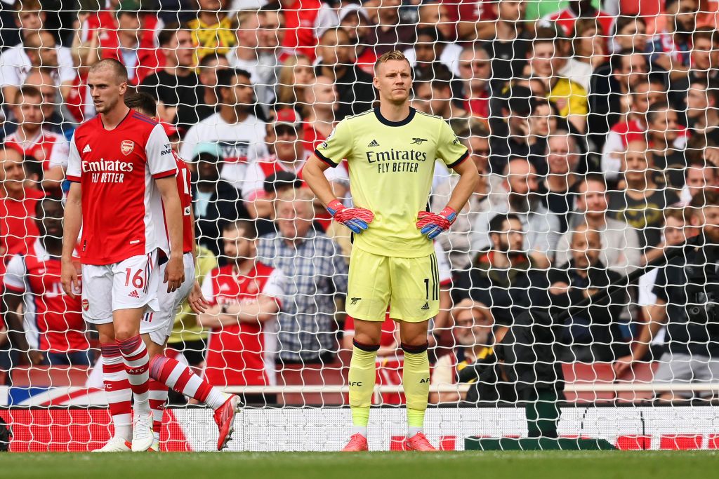 LONDON, ENGLAND - AUGUST 22: Bernd Leno of Arsenal looks dejected after the Chelsea second goal scored by Reece James (Not pictured) during the Premier League match between Arsenal and Chelsea at Emirates Stadium on August 22, 2021 in London, England. (Photo by Michael Regan/Getty Images)