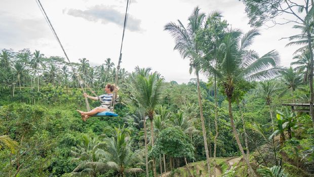 Giant Swing, Bali Young woman swinging on a giant swing over the palm trees and rice terraces near Ubud, Bali. People travel fun outdoor activities concept.