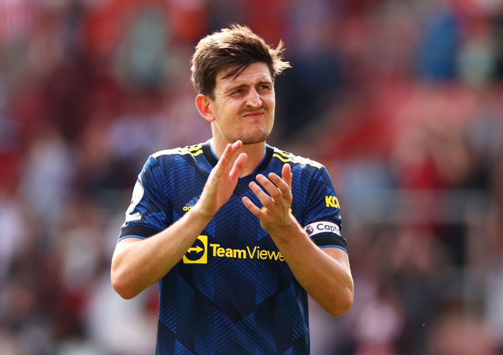 SOUTHAMPTON, ENGLAND - AUGUST 22: Harry Maguire of Manchester United applauds the fans following the Premier League match between Southampton and Manchester United at St Mary's Stadium on August 22, 2021 in Southampton, England. (Photo by Ryan Pierse/Getty Images)
