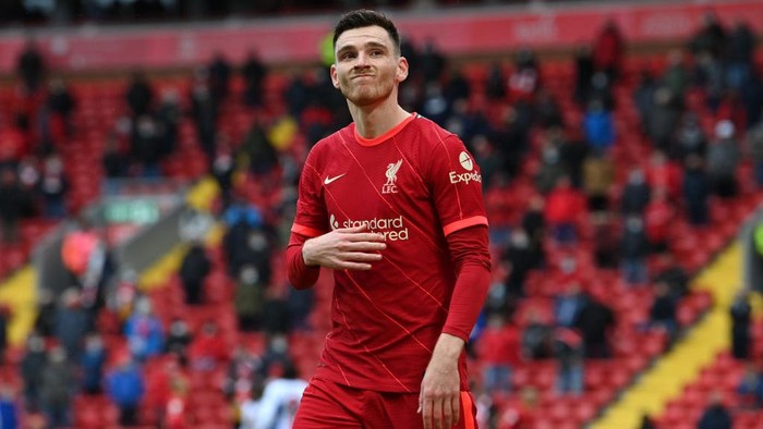 LIVERPOOL, ENGLAND - MAY 23: Andrew Robertson of Liverpool looks on  during the Premier League match between Liverpool and Crystal Palace at Anfield on May 23, 2021 in Liverpool, England. A limited number of fans will be allowed into Premier League stadiums as Coronavirus restrictions begin to ease in the UK. (Photo by Paul Ellis - Pool/Getty Images)