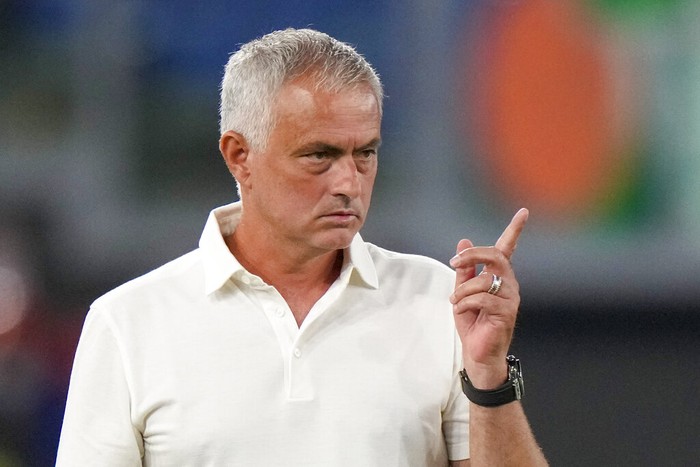Romas head coach Jose Mourinho calls out to his players during a friendly match between Roma and Raja Casablanca, at Romes Olympic Stadium, Saturday, Aug. 14, 2021. (AP Photo/Andrew Medichini)