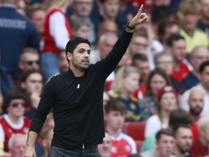 Arsenals manager Mikel Arteta reacts during the English Premier League soccer match between Arsenal and Chelsea at the Emirates stadium in London, England, Sunday, Aug. 22, 2021. (AP Photo/Ian Walton)