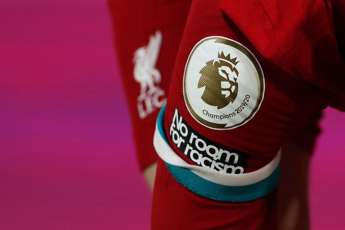 LEEDS, ENGLAND - APRIL 19: A detailed view of the Premier League logo on the sleeve of Andrew Robertson of Liverpool shirt during the Premier League match between Leeds United and Liverpool at Elland Road on April 19, 2021 in Leeds, England. Sporting stadiums around the UK remain under strict restrictions due to the Coronavirus Pandemic as Government social distancing laws prohibit fans inside venues resulting in games being played behind closed doors.  (Photo by Lee Smith - Pool/Getty Images)