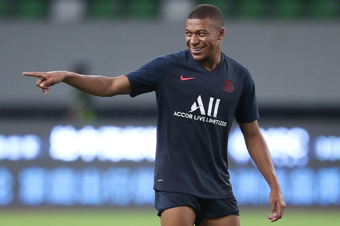 SUZHOU, CHINA - JULY 29:  Kylian Mbappe of Paris Saint-Germain in action during the  training session at Suzhou Olympic Sports Center Stadium one day before their match against Paris Saint Germain for the International Super Cup in Suzhou, Jiangsu province on July 29, 2019 in Suzhou, China.  (Photo by Lintao Zhang/Getty Images)