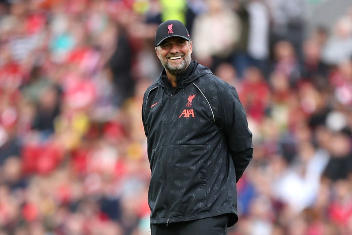 LIVERPOOL, ENGLAND - AUGUST 09: Jurgen Klopp, Manager of Liverpool reacts prior to the Pre-Season Friendly match between Liverpool and Osasuna at Anfield on August 09, 2021 in Liverpool, England. (Photo by Lewis Storey/Getty Images)
