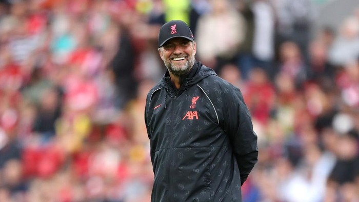 LIVERPOOL, ENGLAND - AUGUST 09: Jurgen Klopp, Manager of Liverpool reacts prior to the Pre-Season Friendly match between Liverpool and Osasuna at Anfield on August 09, 2021 in Liverpool, England. (Photo by Lewis Storey/Getty Images)