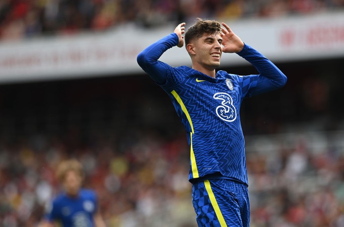 LONDON, ENGLAND - AUGUST 22: Kai Havertz of Chelsea reacts during the Premier League match between Arsenal and Chelsea at Emirates Stadium on August 22, 2021 in London, England. (Photo by Shaun Botterill/Getty Images)