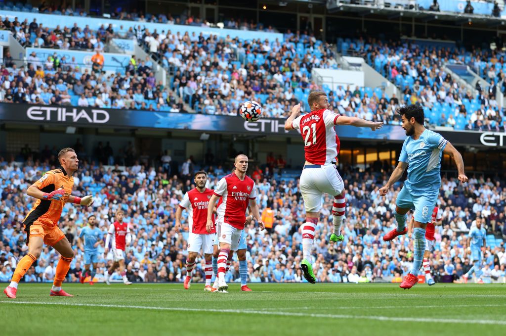 MANCHESTER, ENGLAND - AUGUST 28: Ilkay Gundogan of Manchester City scores his team's first goal during the Premier League match between Manchester City and Arsenal at Etihad Stadium on August 28, 2021 in Manchester, England. (Photo by Catherine Ivill/Getty Images)