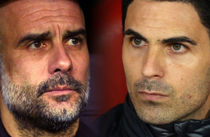 FILE PHOTO (EDITORS NOTE: COMPOSITE OF IMAGES - Image numbers 1208871408, 1207576912 - GRADIENT ADDED) In this composite image a comparison has been made between Pep Guardiola, Manager of Manchester City (L) and Mikel Arteta, Manager of Arsenal. Manchester City and Arsenal meet in a Premier League fixture on June 17,2020 at the Etihad Stadium in Manchester,England. ***LEFT IMAGE*** MADRID, SPAIN - FEBRUARY 26: Pep Guardiola, Manager of Manchester City looks on prior to the UEFA Champions League round of 16 first leg match between Real Madrid and Manchester City at Bernabeu on February 26, 2020 in Madrid, Spain. (Photo by David Ramos/Getty Images) ***RIGHT IMAGE*** PIRAEUS, GREECE - FEBRUARY 20: Mikel Arteta, Manager of Arsenal looks on prior to the UEFA Europa League round of 32 first leg match between Olympiacos FC and Arsenal FC at Karaiskakis Stadium on February 20, 2020 in Piraeus, Greece. (Photo by Richard Heathcote/Getty Images)
