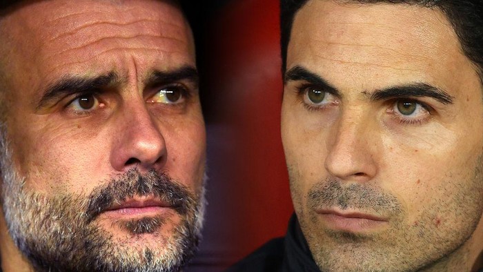 FILE PHOTO (EDITORS NOTE: COMPOSITE OF IMAGES - Image numbers 1208871408, 1207576912 - GRADIENT ADDED) In this composite image a comparison has been made between Pep Guardiola, Manager of Manchester City (L) and Mikel Arteta, Manager of Arsenal. Manchester City and Arsenal meet in a Premier League fixture on June 17,2020 at the Etihad Stadium in Manchester,England. ***LEFT IMAGE*** MADRID, SPAIN - FEBRUARY 26: Pep Guardiola, Manager of Manchester City looks on prior to the UEFA Champions League round of 16 first leg match between Real Madrid and Manchester City at Bernabeu on February 26, 2020 in Madrid, Spain. (Photo by David Ramos/Getty Images) ***RIGHT IMAGE*** PIRAEUS, GREECE - FEBRUARY 20: Mikel Arteta, Manager of Arsenal looks on prior to the UEFA Europa League round of 32 first leg match between Olympiacos FC and Arsenal FC at Karaiskakis Stadium on February 20, 2020 in Piraeus, Greece. (Photo by Richard Heathcote/Getty Images)