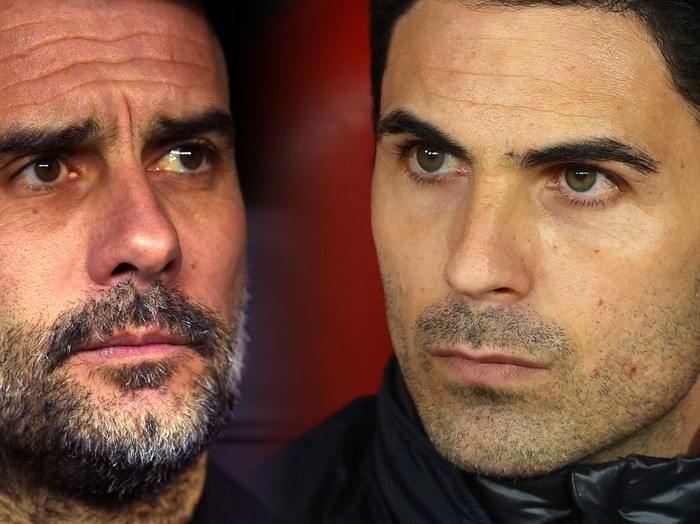 FILE PHOTO (EDITORS NOTE: COMPOSITE OF IMAGES - Image numbers 1208871408, 1207576912 - GRADIENT ADDED) In this composite image a comparison has been made between Pep Guardiola, Manager of Manchester City (L) and Mikel Arteta, Manager of Arsenal. Manchester City and Arsenal meet in a Premier League fixture on June 17,2020 at the Etihad Stadium in Manchester,England. ***LEFT IMAGE*** MADRID, SPAIN - FEBRUARY 26: Pep Guardiola, Manager of Manchester City looks on prior to the UEFA Champions League round of 16 first leg match between Real Madrid and Manchester City at Bernabeu on February 26, 2020 in Madrid, Spain. (Photo by David Ramos/Getty Images) ***RIGHT IMAGE*** PIRAEUS, GREECE - FEBRUARY 20: Mikel Arteta, Manager of Arsenal looks on prior to the UEFA Europa League round of 32 first leg match between Olympiacos FC and Arsenal FC at Karaiskakis Stadium on February 20, 2020 in Piraeus, Greece. (Photo by Richard Heathcote/Getty Images)