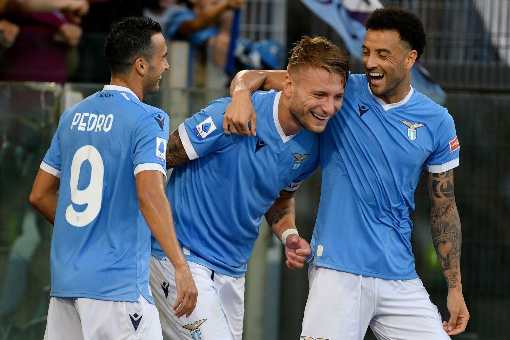 ROME, ITALY - AUGUST 28: Ciro Immobile of SS Lazio celebrates the third goal of his team with his team mates during the Serie A match between SS Lazio and Spezia Calcio at Stadio Olimpico on August 28, 2021 in Rome, Italy. (Photo by Marco Rosi/Getty Images)