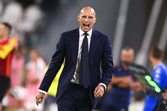 Juventus coach Massimiliano Allegri shouts instructions during the Serie A soccer match between Juventus and Empoli at the Allianz stadium in Turin, Italy, Saturday, Aug. 28, 2021. (Fabio Ferrari/LaPresse via AP)